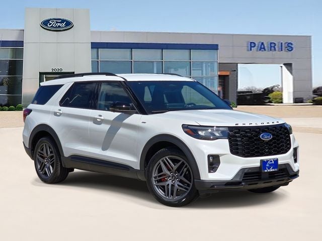 2026 Ford Explorer ST-Line in Star White Metallic Tri-Coat — front three-quarter view